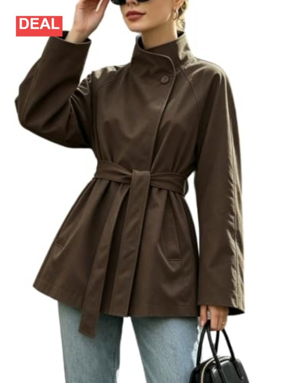 Women's Open Front Trench Coat Belted Windproof Overcoat with Stand Collar